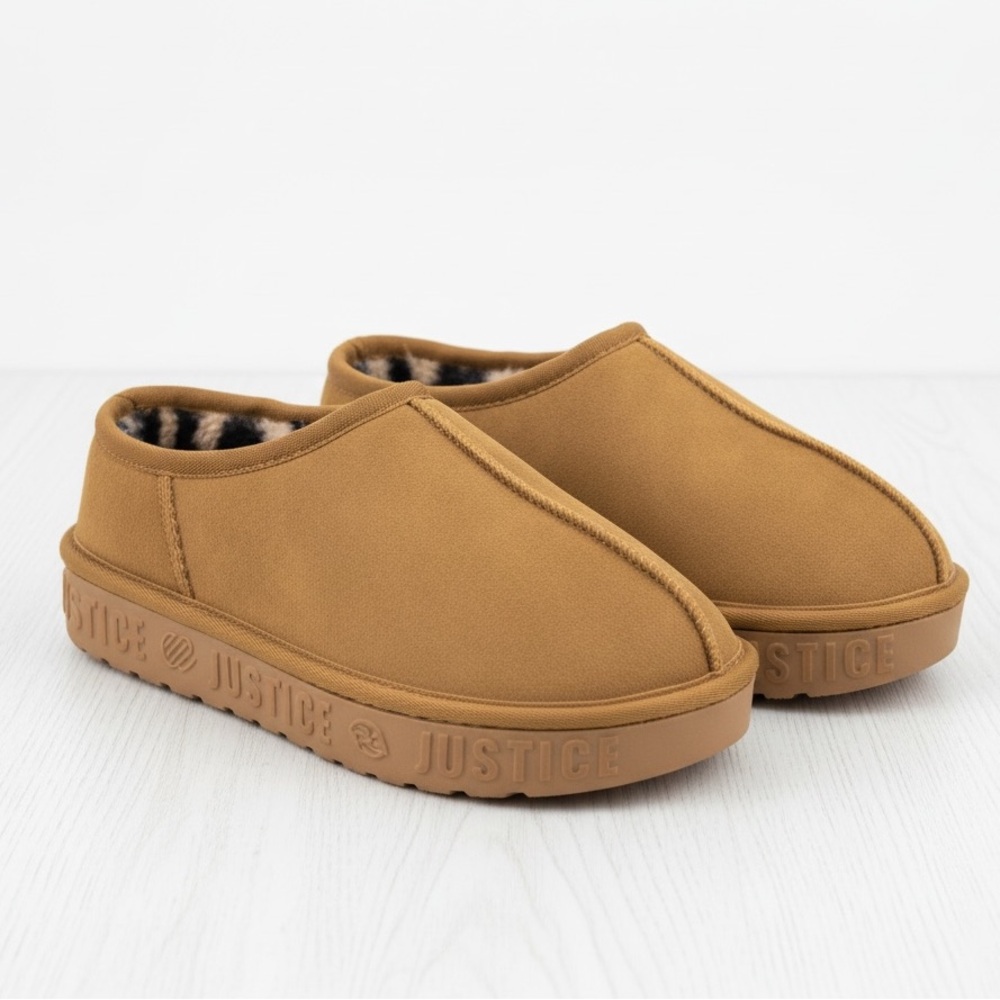 Justice Girls Cozy Slip On Slippers Brown Faux Suede (NWOT)